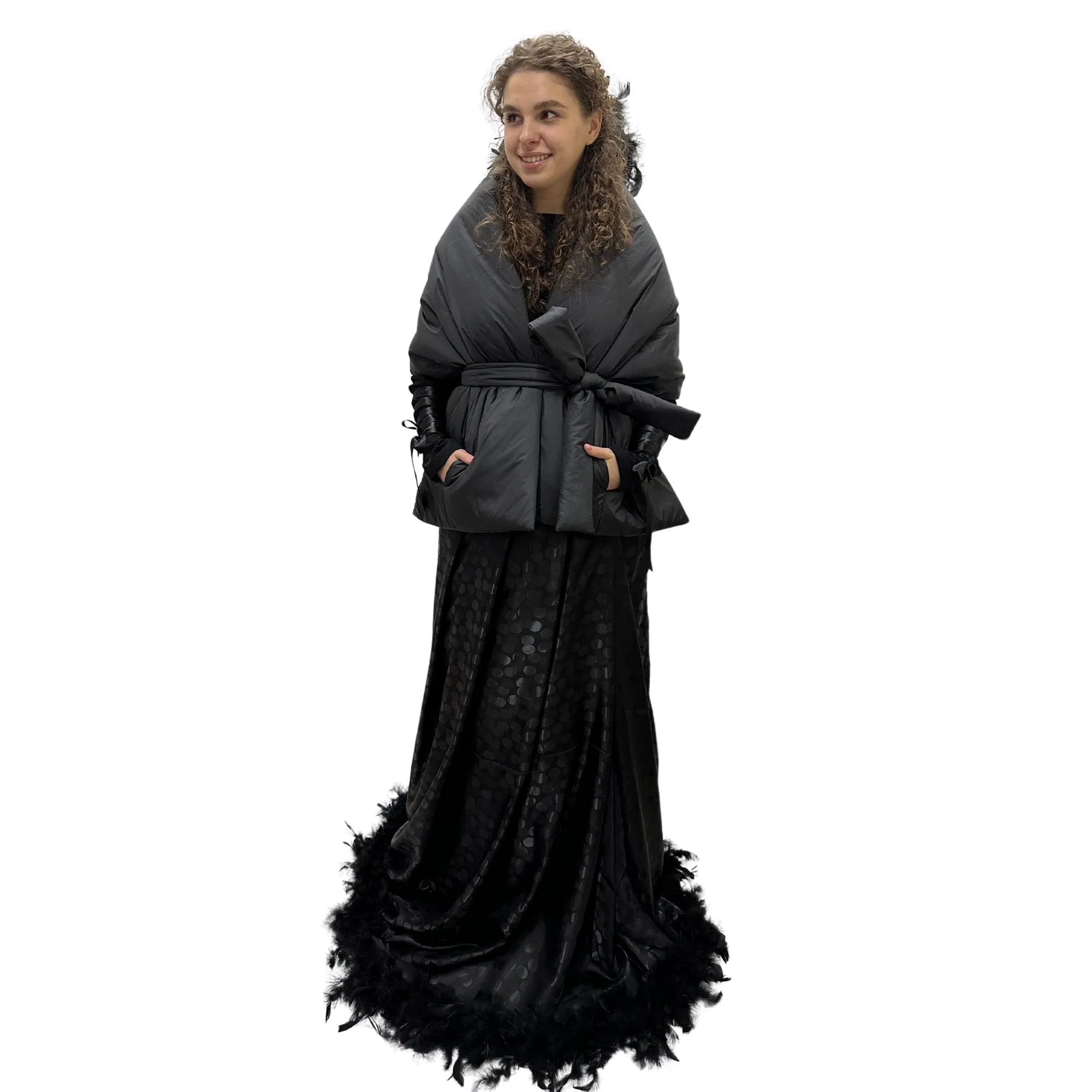 Gothic Bride Wedding Cape Winter Black Long Scarf With Pockets for Women Lagre Wide Stole Puffer 18x70 inch with 2 pocket and Belt Around Shoulders Wrap Quilted Shawl Warm Padded Down Puffy scarves