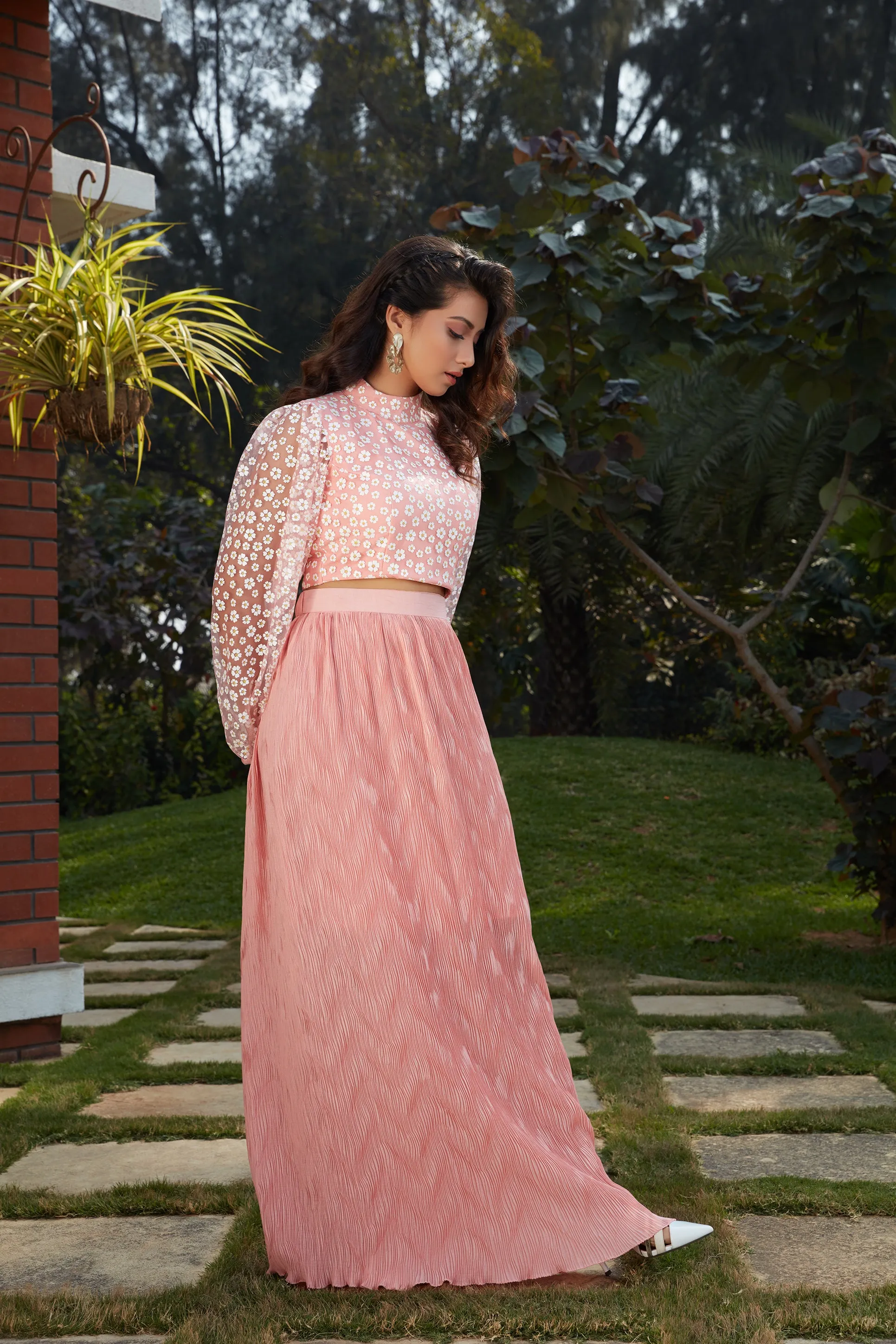 Graceful Pink Colored Casual Wear Printed Western Crop Top - Skirt Set
