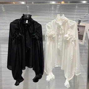 HIGH QUALITY New Fashion 2022 Designer Shirt Women's Pleated bow Tie  Lace up Blouse Tops