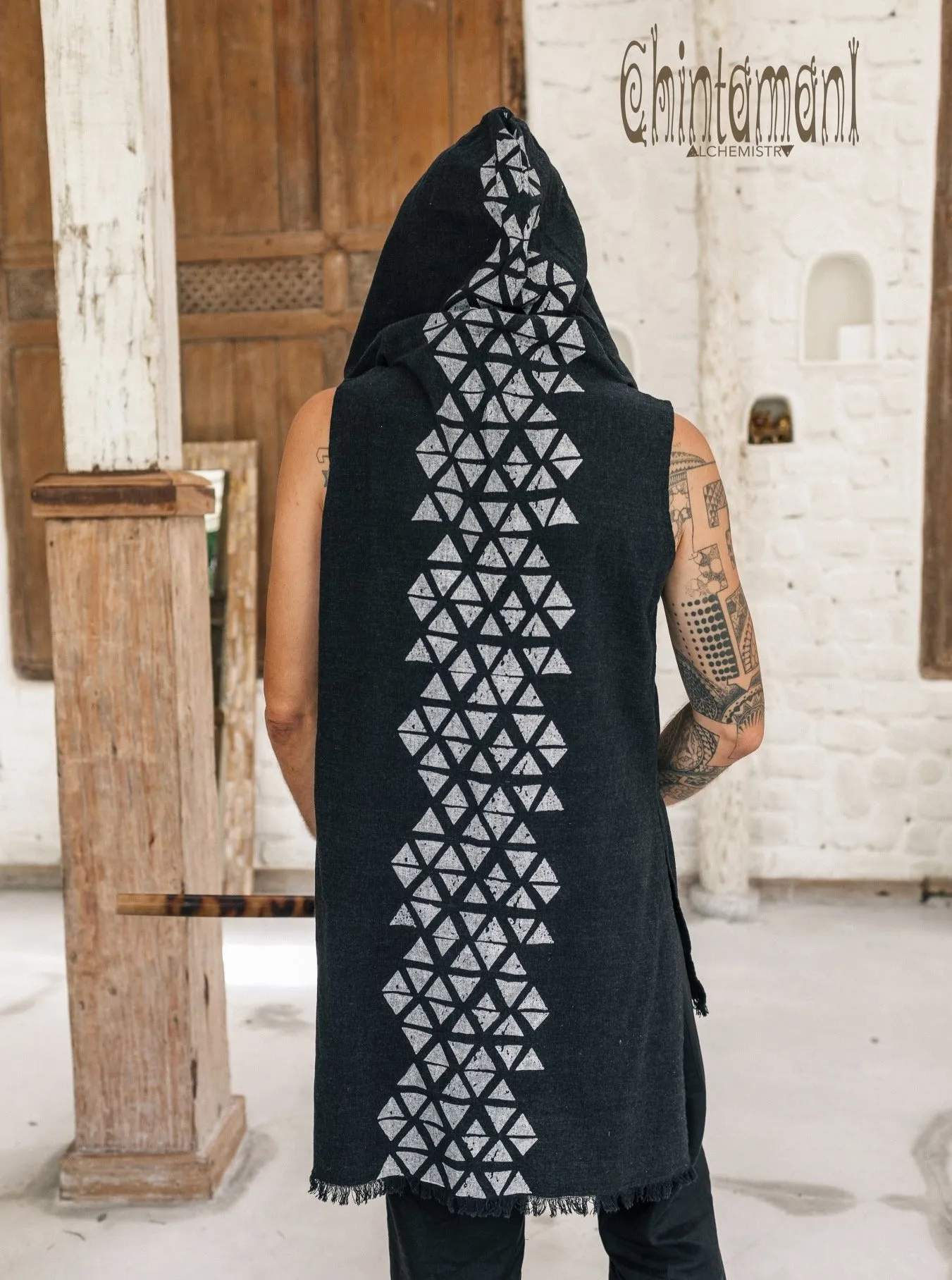 Hooded Vest Shirt for Men / Printed Tank Top with Huge Hood / Black