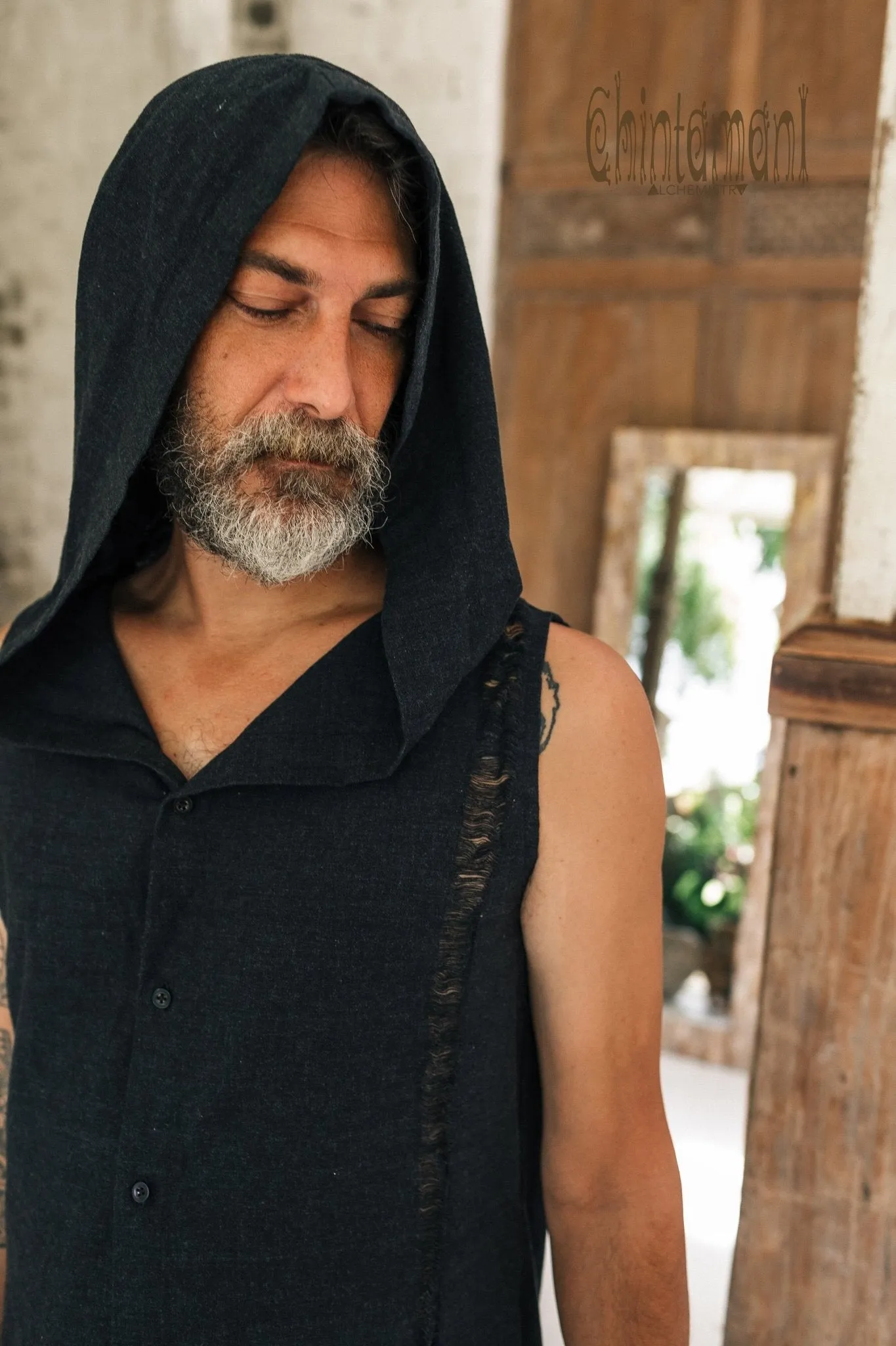 Hooded Vest Shirt for Men / Printed Tank Top with Huge Hood / Black