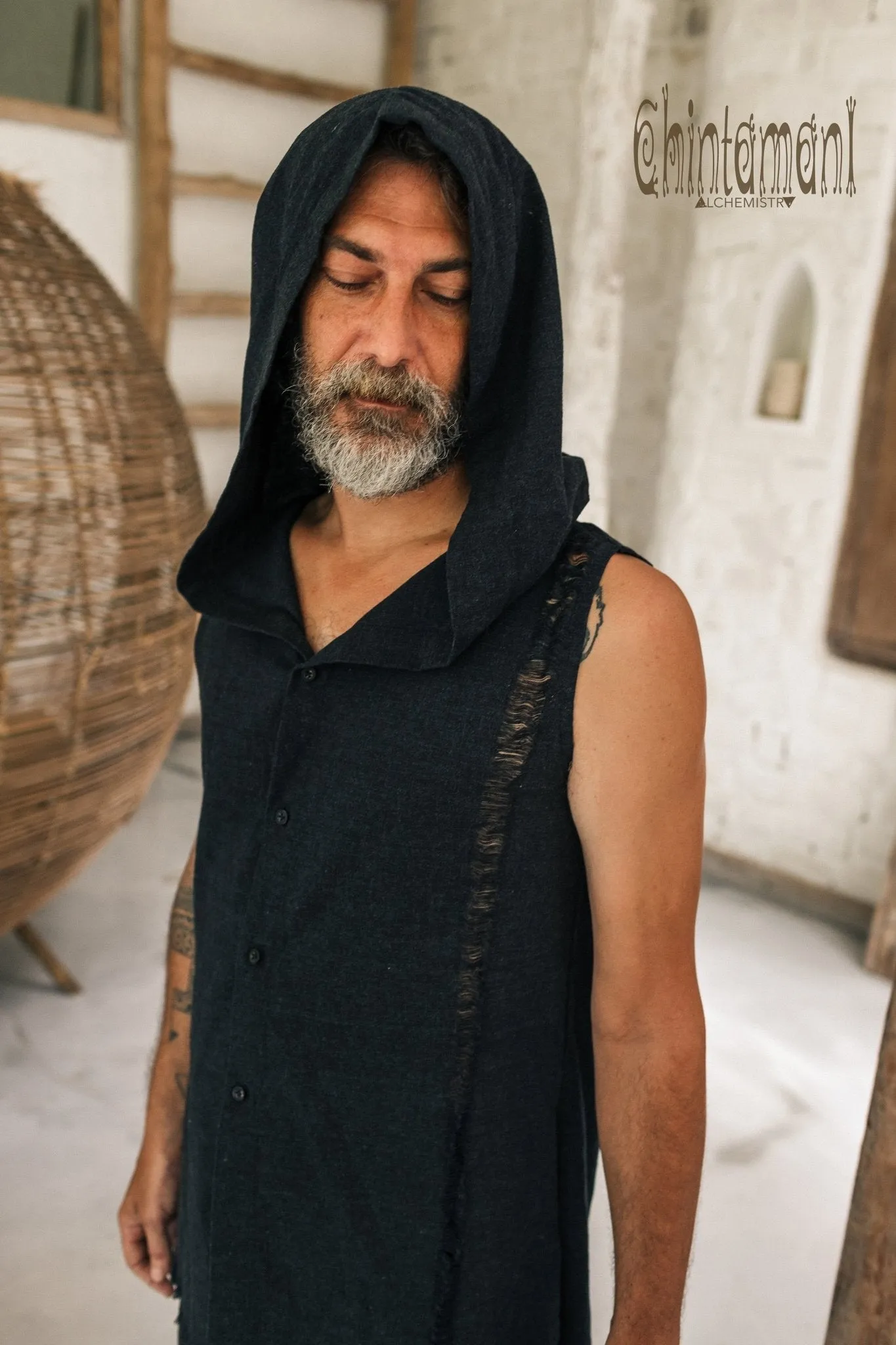 Hooded Vest Shirt for Men / Printed Tank Top with Huge Hood / Black