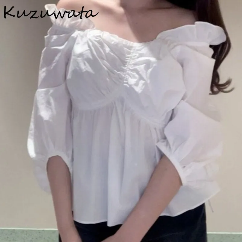 Joskaa Christmas Gift Kuzuwata Sexy Slash Neck Irregular Fungus Shirts 2024 Spring Summer New Design Fashion Woman Clothing Slim Waist Thin Blouses