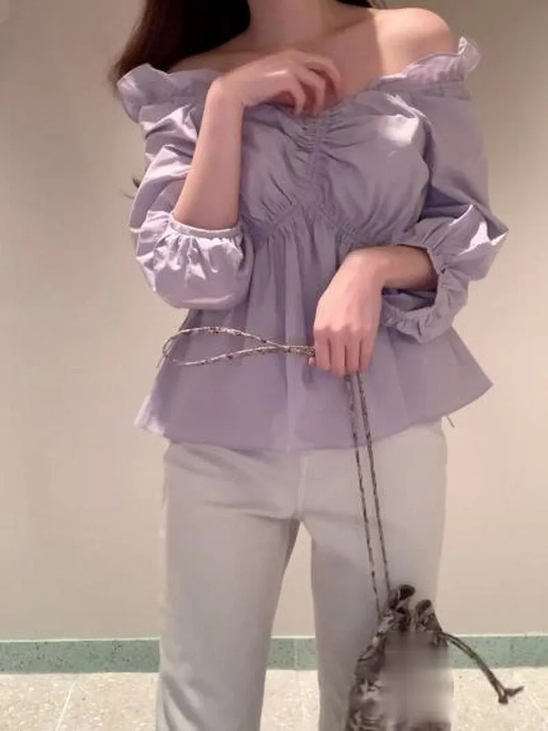 Joskaa Christmas Gift Kuzuwata Sexy Slash Neck Irregular Fungus Shirts 2024 Spring Summer New Design Fashion Woman Clothing Slim Waist Thin Blouses