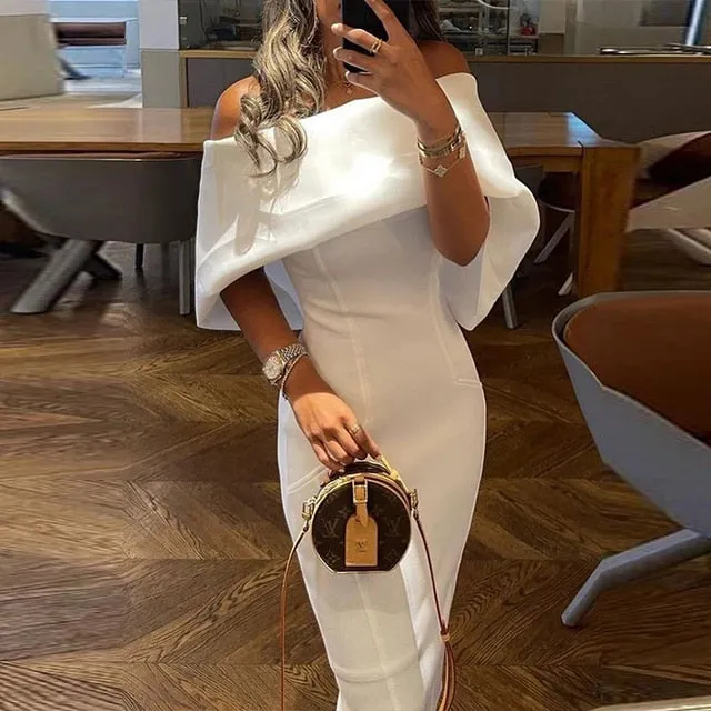 Joskaa Christmas Gift Women Casual Solid Color Long Dress Elegant Off Shoulder Cape Design Skinny Party Dress Autumn Fashion Back Bow Dress Vestido