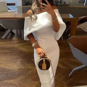 Joskaa Christmas Gift Women Casual Solid Color Long Dress Elegant Off Shoulder Cape Design Skinny Party Dress Autumn Fashion Back Bow Dress Vestido