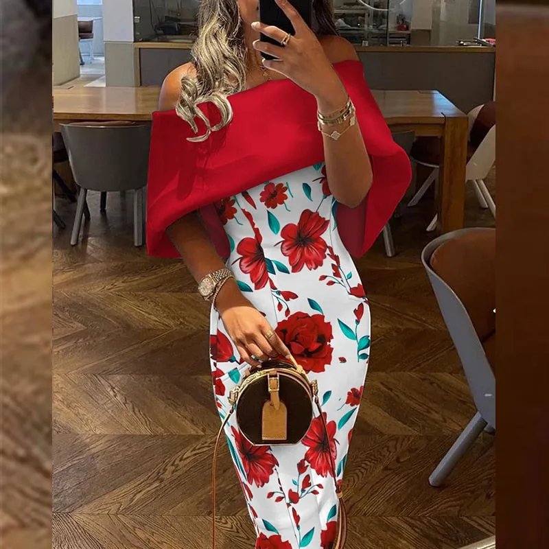 Joskaa Christmas Gift Women Casual Solid Color Long Dress Elegant Off Shoulder Cape Design Skinny Party Dress Autumn Fashion Back Bow Dress Vestido