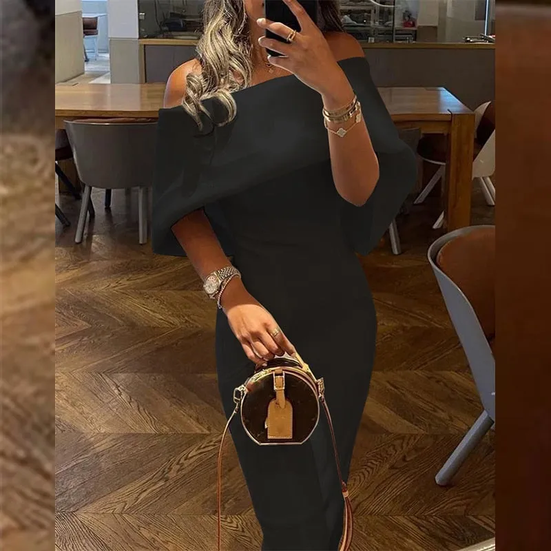 Joskaa Christmas Gift Women Casual Solid Color Long Dress Elegant Off Shoulder Cape Design Skinny Party Dress Autumn Fashion Back Bow Dress Vestido