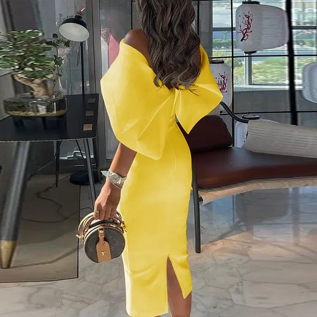 Joskaa Christmas Gift Women Casual Solid Color Long Dress Elegant Off Shoulder Cape Design Skinny Party Dress Autumn Fashion Back Bow Dress Vestido