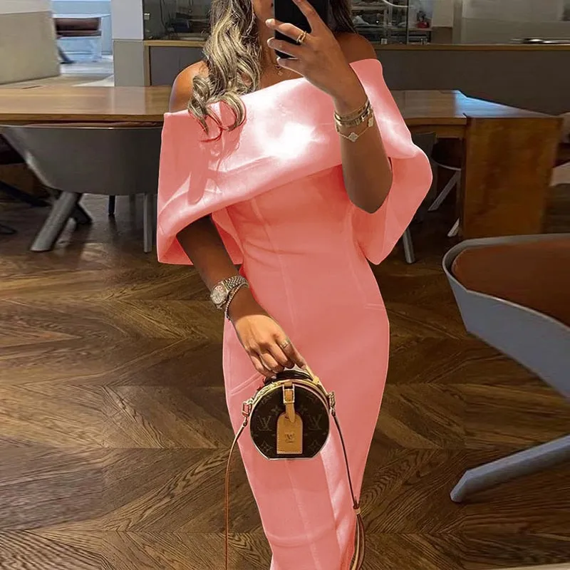 Joskaa Christmas Gift Women Casual Solid Color Long Dress Elegant Off Shoulder Cape Design Skinny Party Dress Autumn Fashion Back Bow Dress Vestido