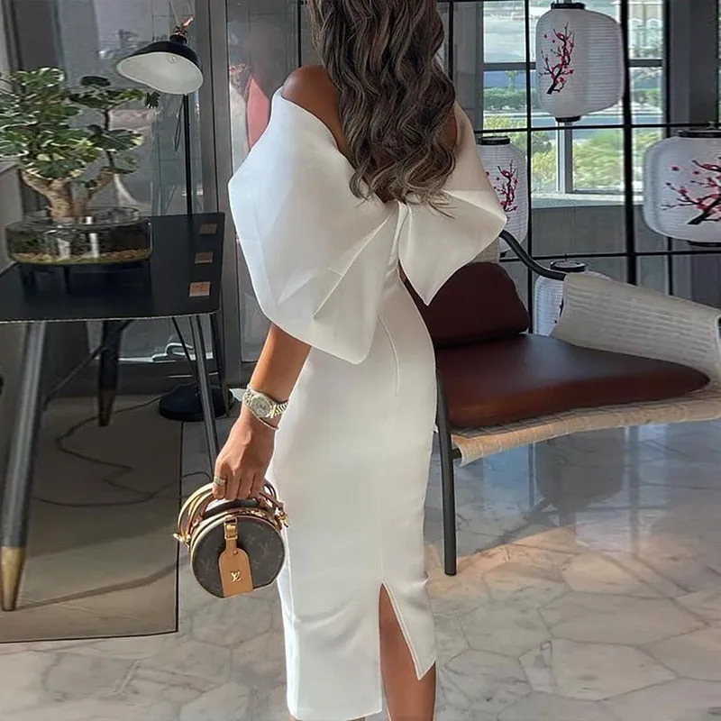 Joskaa Christmas Gift Women Casual Solid Color Long Dress Elegant Off Shoulder Cape Design Skinny Party Dress Autumn Fashion Back Bow Dress Vestido