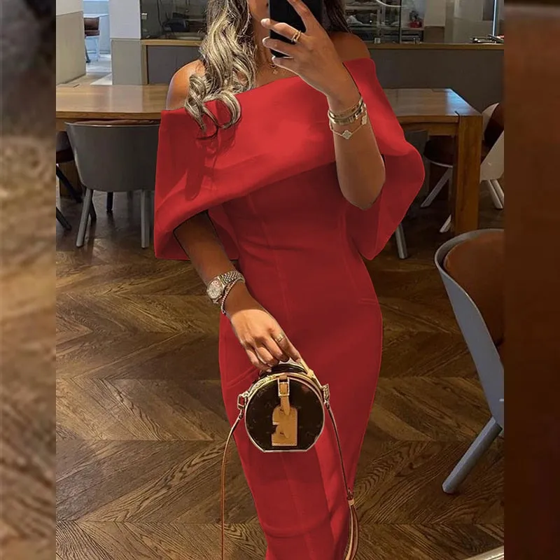 Joskaa Christmas Gift Women Casual Solid Color Long Dress Elegant Off Shoulder Cape Design Skinny Party Dress Autumn Fashion Back Bow Dress Vestido