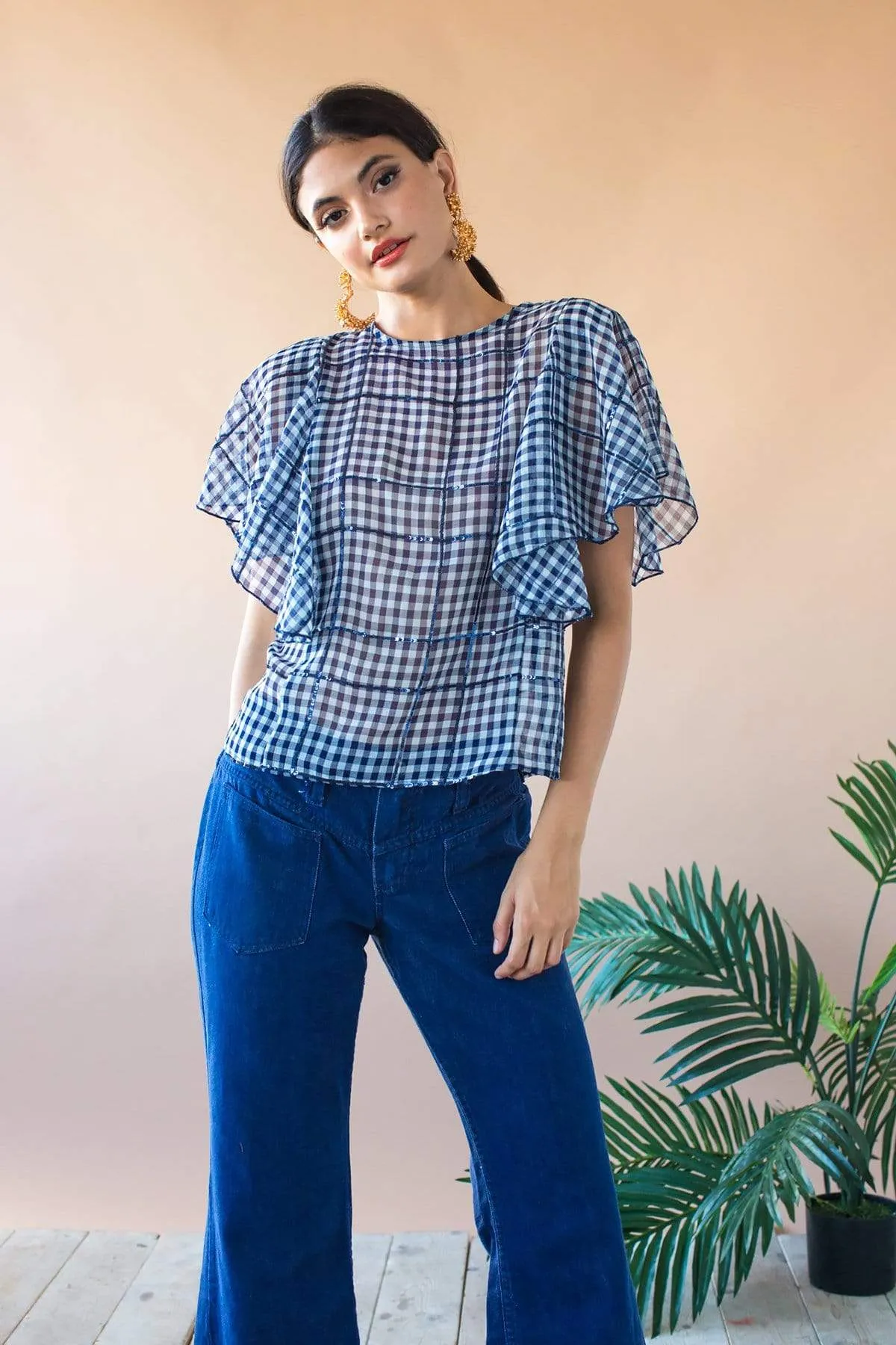 Juniper Cape Sleeve Top - Indigo Gingham