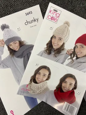 King Cole Ladies Bobble Hat Scarf & Cowl Chunky Knit Knitting Pattern 5693