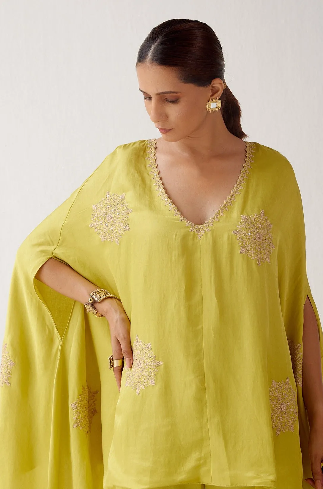 Lime Green Embroidered Cotton Silk Sharara Set