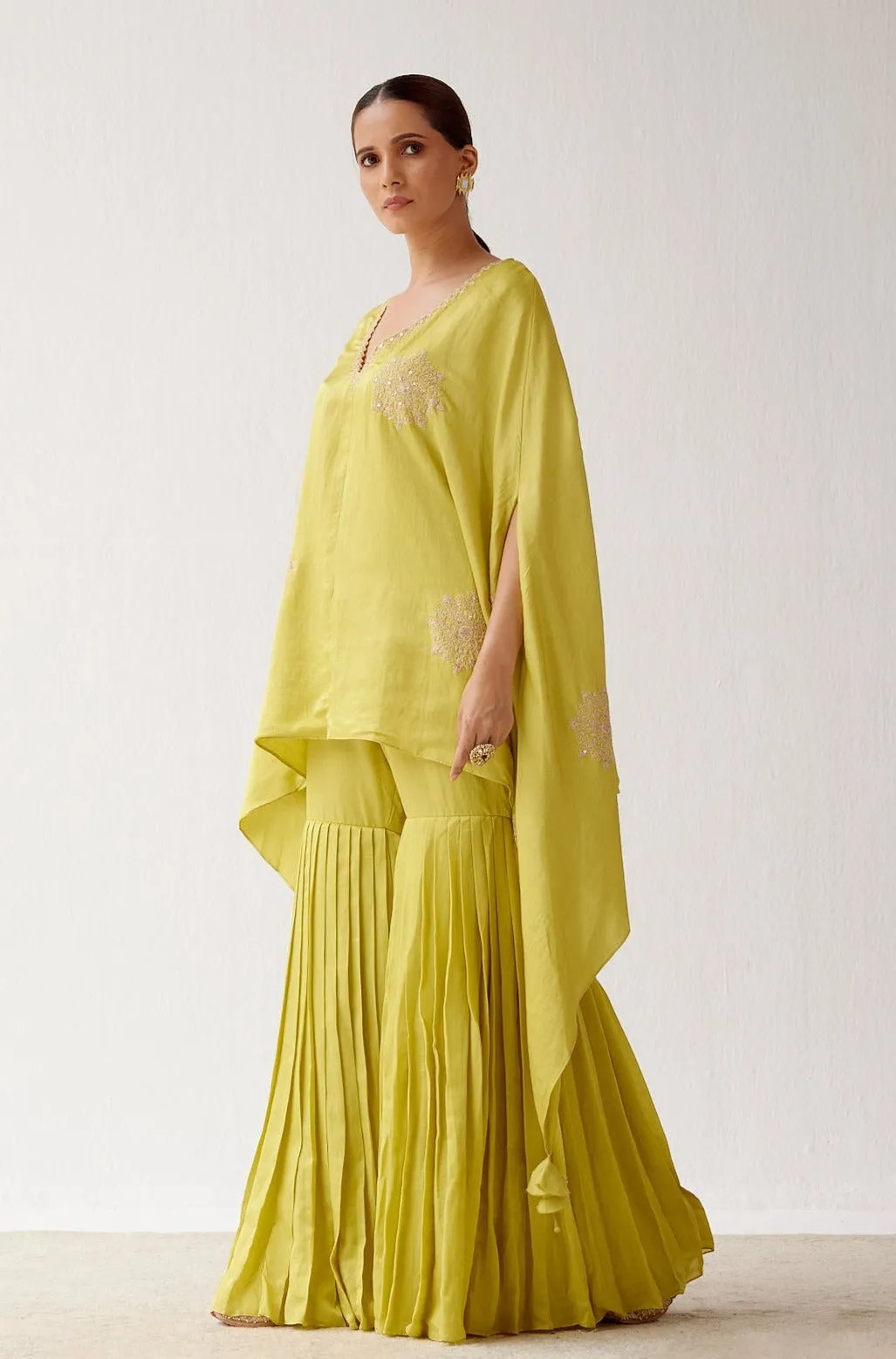 Lime Green Embroidered Cotton Silk Sharara Set