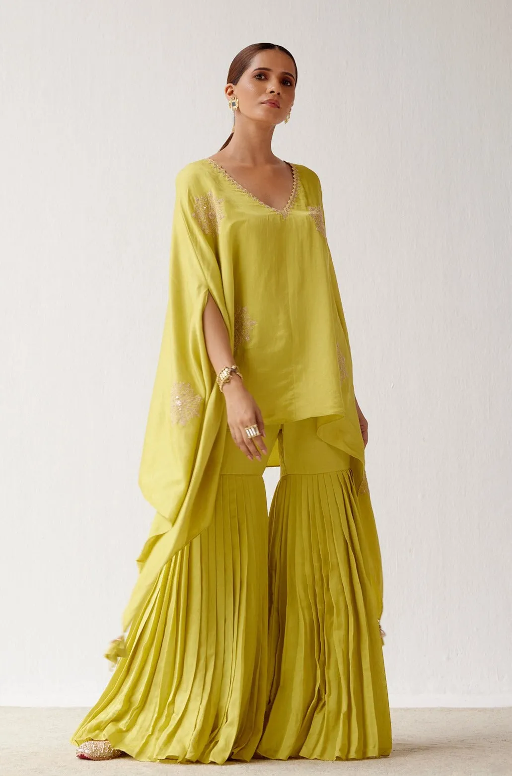 Lime Green Embroidered Cotton Silk Sharara Set