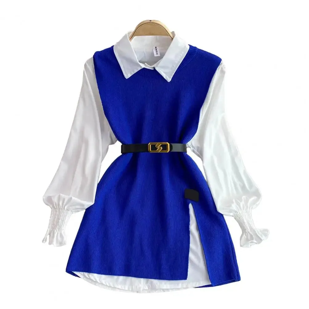 LVSANW New Autumn Fashion Korean Office Lady Lapel Lantern Sleeves White Shirt  V-neck Knitted Vest Casual Two-piece Set Clothes Women