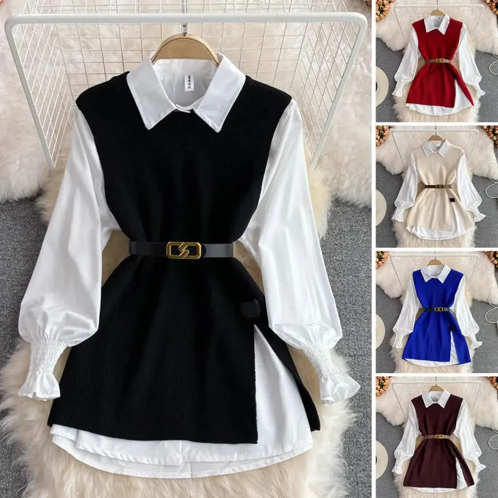 LVSANW New Autumn Fashion Korean Office Lady Lapel Lantern Sleeves White Shirt  V-neck Knitted Vest Casual Two-piece Set Clothes Women