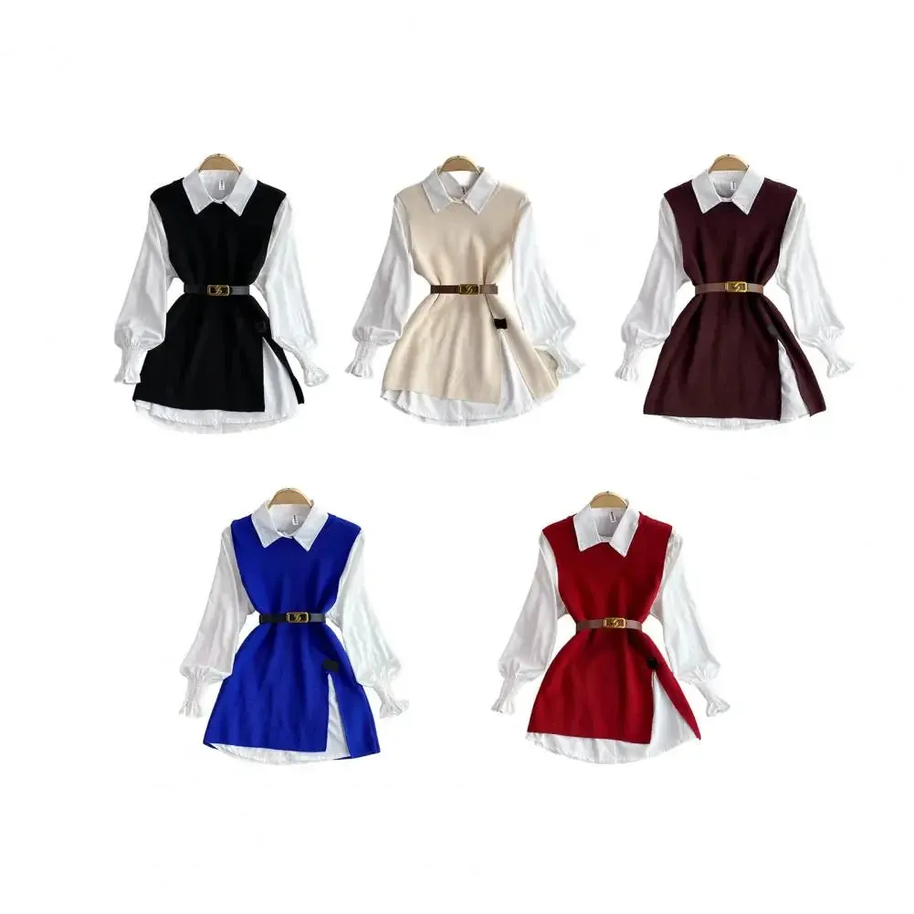LVSANW New Autumn Fashion Korean Office Lady Lapel Lantern Sleeves White Shirt  V-neck Knitted Vest Casual Two-piece Set Clothes Women