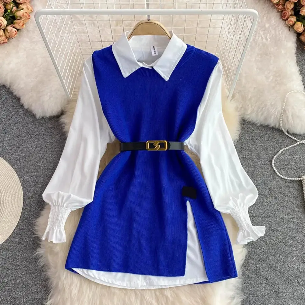 LVSANW New Autumn Fashion Korean Office Lady Lapel Lantern Sleeves White Shirt  V-neck Knitted Vest Casual Two-piece Set Clothes Women