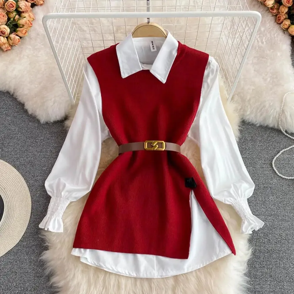 LVSANW New Autumn Fashion Korean Office Lady Lapel Lantern Sleeves White Shirt  V-neck Knitted Vest Casual Two-piece Set Clothes Women