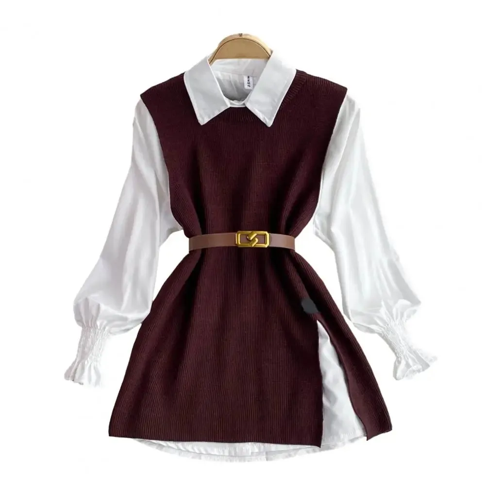 LVSANW New Autumn Fashion Korean Office Lady Lapel Lantern Sleeves White Shirt  V-neck Knitted Vest Casual Two-piece Set Clothes Women