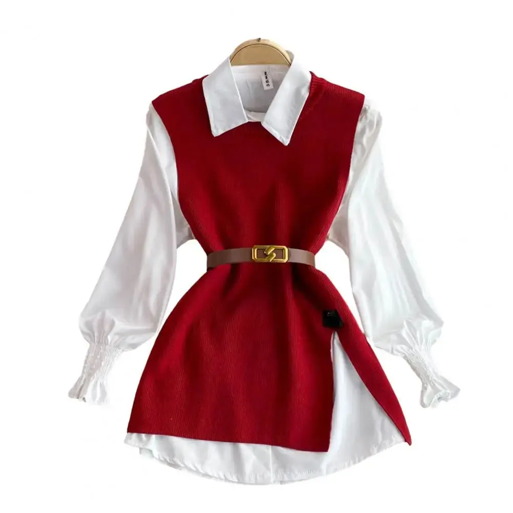 LVSANW New Autumn Fashion Korean Office Lady Lapel Lantern Sleeves White Shirt  V-neck Knitted Vest Casual Two-piece Set Clothes Women