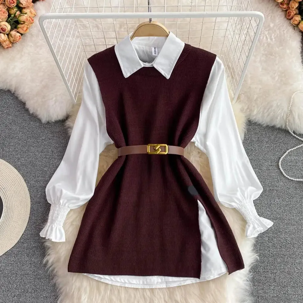 LVSANW New Autumn Fashion Korean Office Lady Lapel Lantern Sleeves White Shirt  V-neck Knitted Vest Casual Two-piece Set Clothes Women