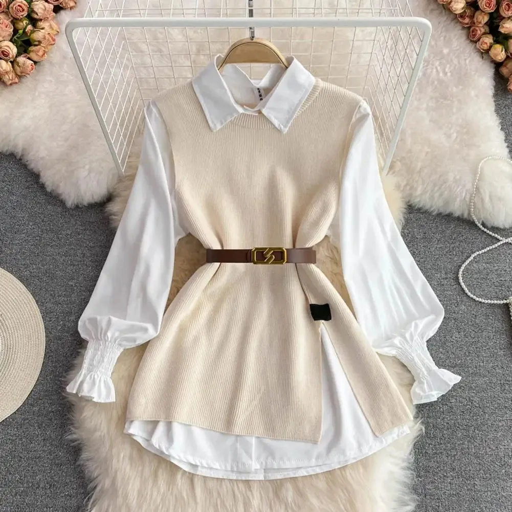 LVSANW New Autumn Fashion Korean Office Lady Lapel Lantern Sleeves White Shirt  V-neck Knitted Vest Casual Two-piece Set Clothes Women