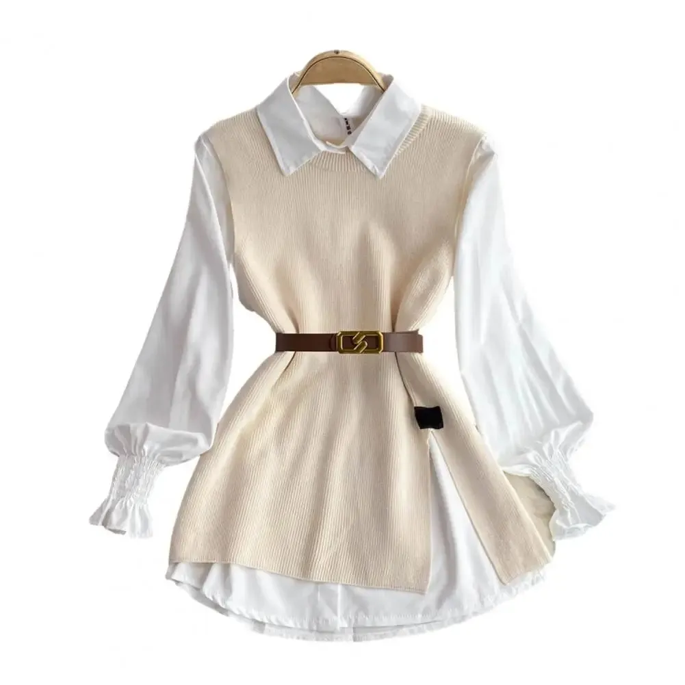 LVSANW New Autumn Fashion Korean Office Lady Lapel Lantern Sleeves White Shirt  V-neck Knitted Vest Casual Two-piece Set Clothes Women