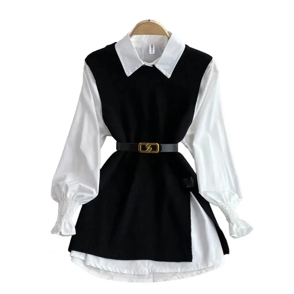 LVSANW New Autumn Fashion Korean Office Lady Lapel Lantern Sleeves White Shirt  V-neck Knitted Vest Casual Two-piece Set Clothes Women