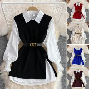 LVSANW New Autumn Fashion Korean Office Lady Lapel Lantern Sleeves White Shirt  V-neck Knitted Vest Casual Two-piece Set Clothes Women