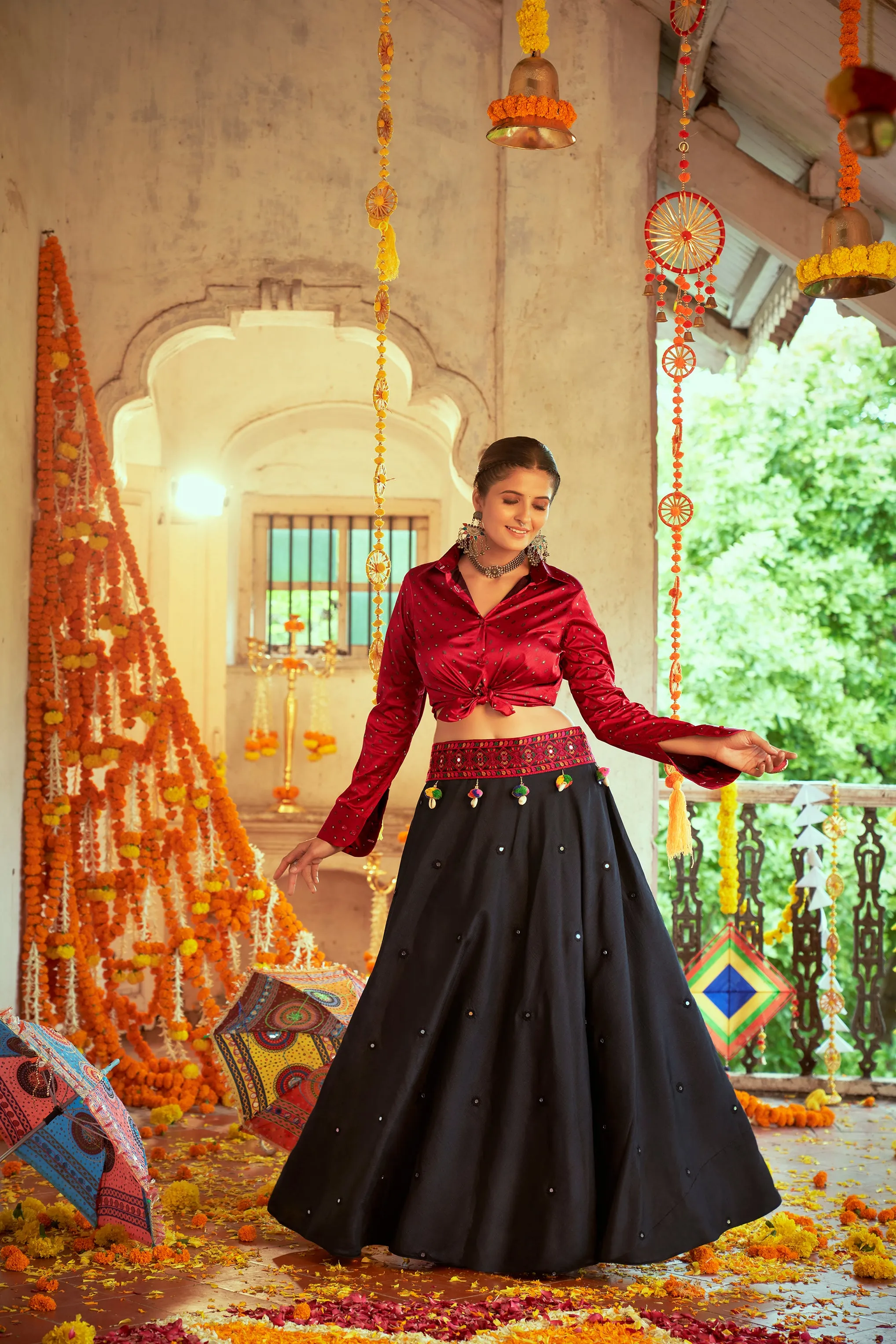 Maroon With Black Color Navratri Special Ready To Wear Crop top Lehenga