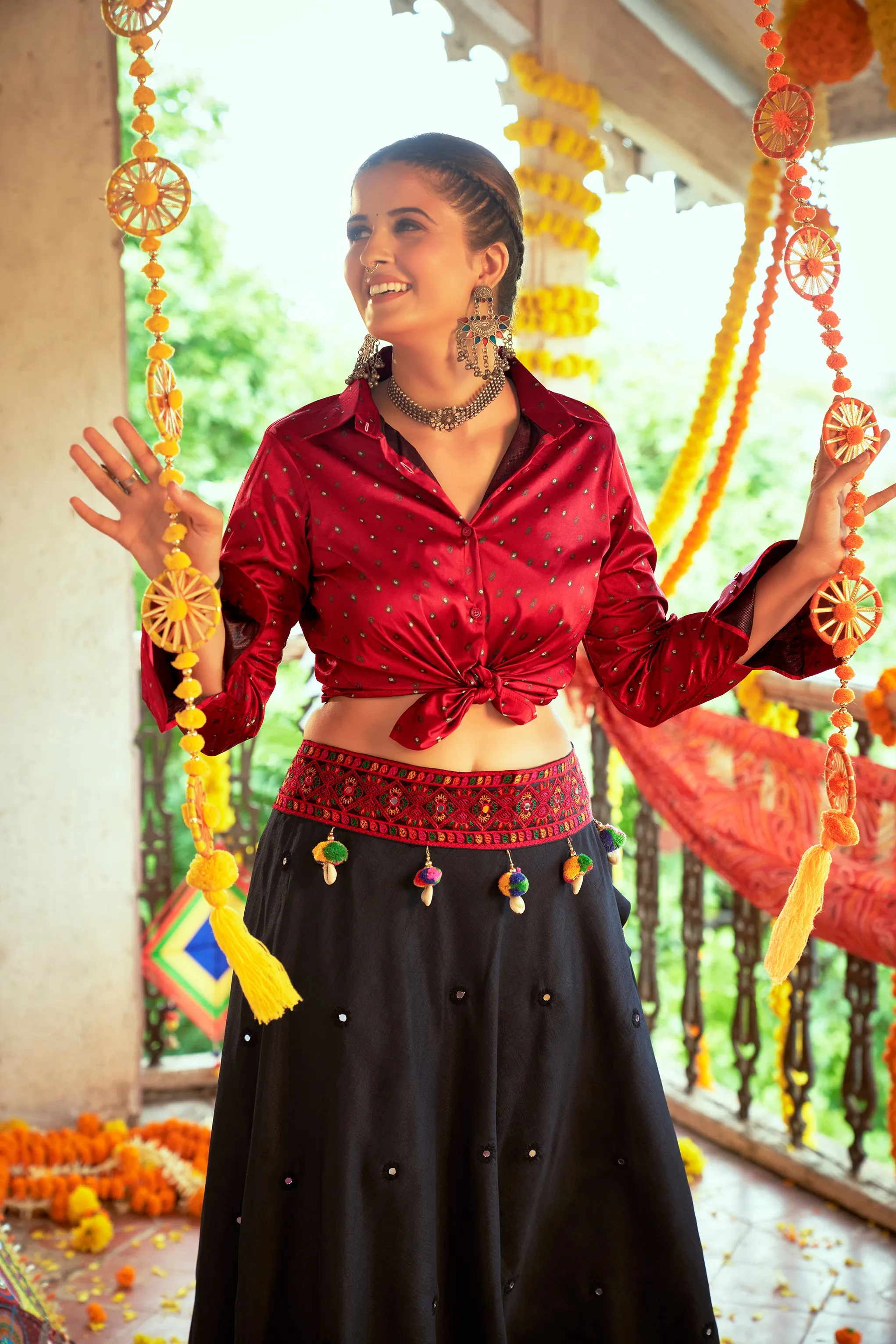 Maroon With Black Color Navratri Special Ready To Wear Crop top Lehenga