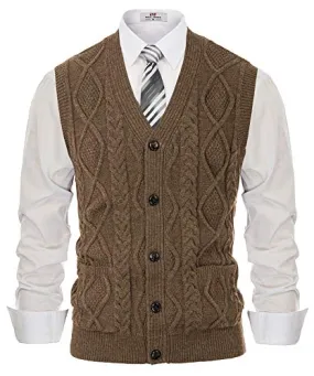 Men's Cable Knit Sweater Vest Winter V-Neck Cardigan Vest with Pockets Coffee L