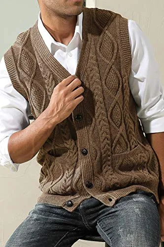 Men's Cable Knit Sweater Vest Winter V-Neck Cardigan Vest with Pockets Coffee L