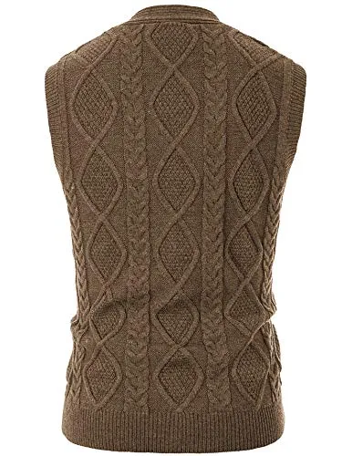 Men's Cable Knit Sweater Vest Winter V-Neck Cardigan Vest with Pockets Coffee L