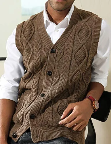 Men's Cable Knit Sweater Vest Winter V-Neck Cardigan Vest with Pockets Coffee L