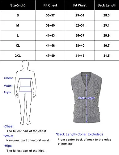 Men's Cable Knit Sweater Vest Winter V-Neck Cardigan Vest with Pockets Coffee L