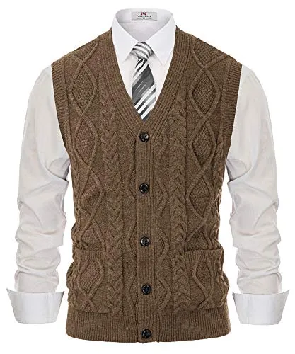 Men's Cable Knit Sweater Vest Winter V-Neck Cardigan Vest with Pockets Coffee L