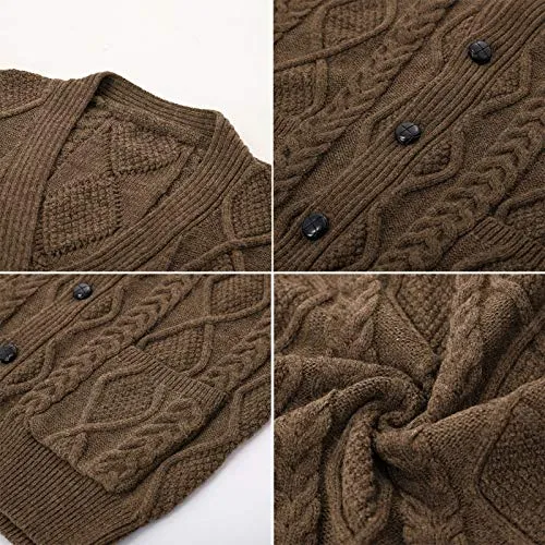 Men's Cable Knit Sweater Vest Winter V-Neck Cardigan Vest with Pockets Coffee L