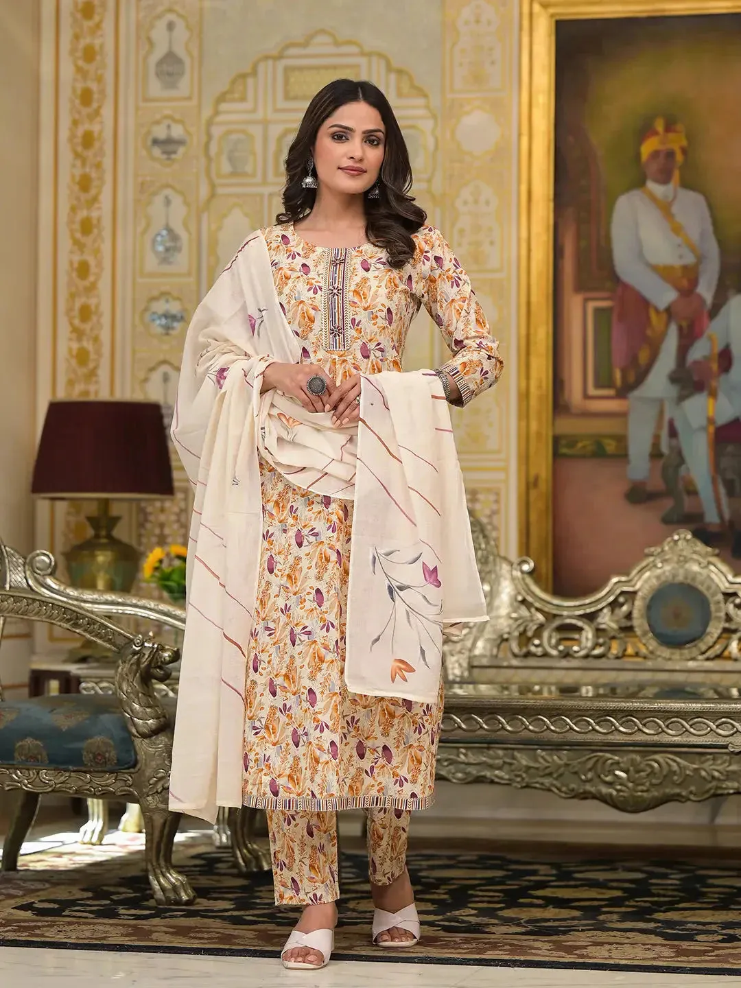 Mustard Leaf Print Zari Work Anarkali Kurta Trouser With Dupatta Set