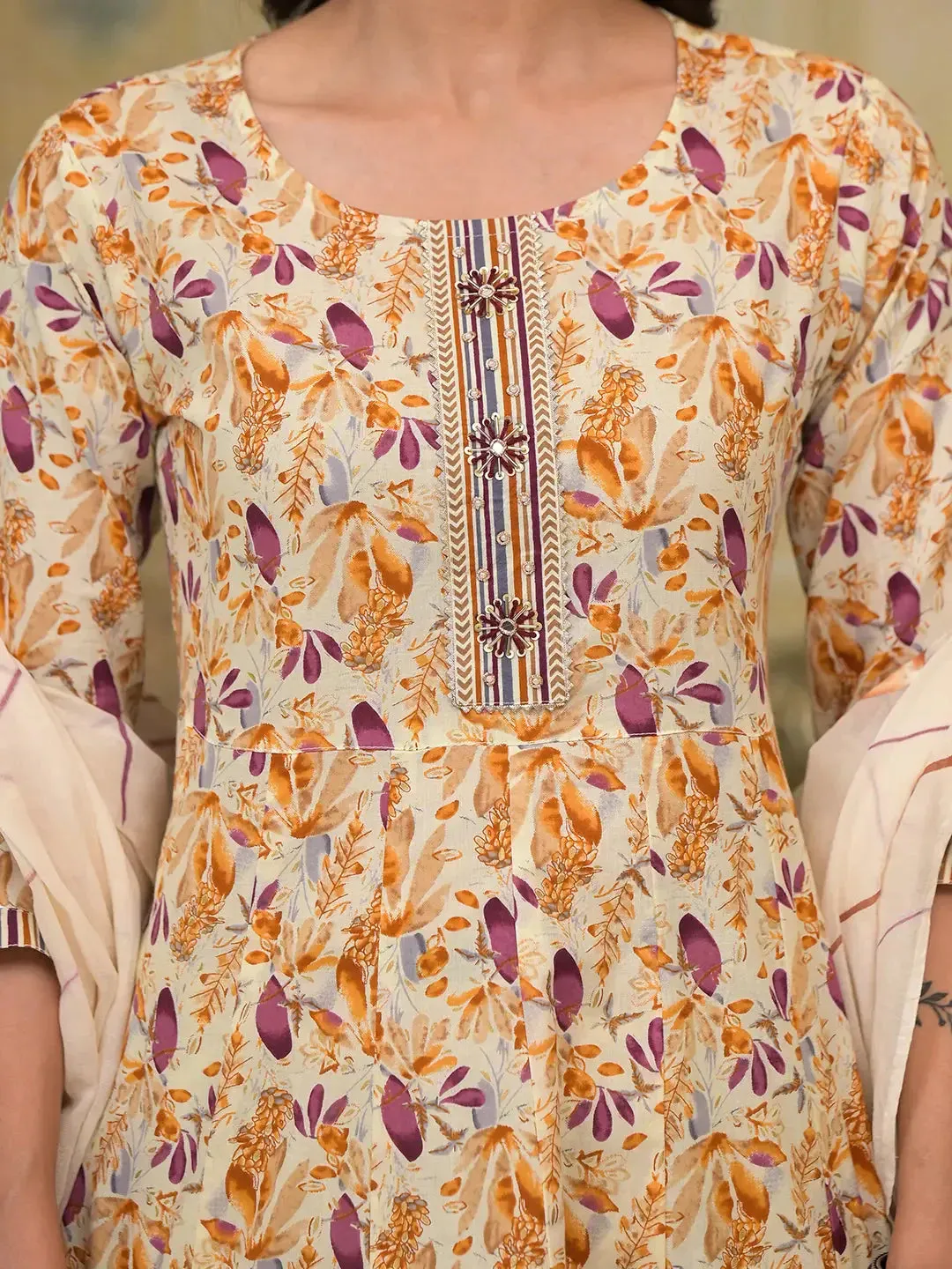 Mustard Leaf Print Zari Work Anarkali Kurta Trouser With Dupatta Set