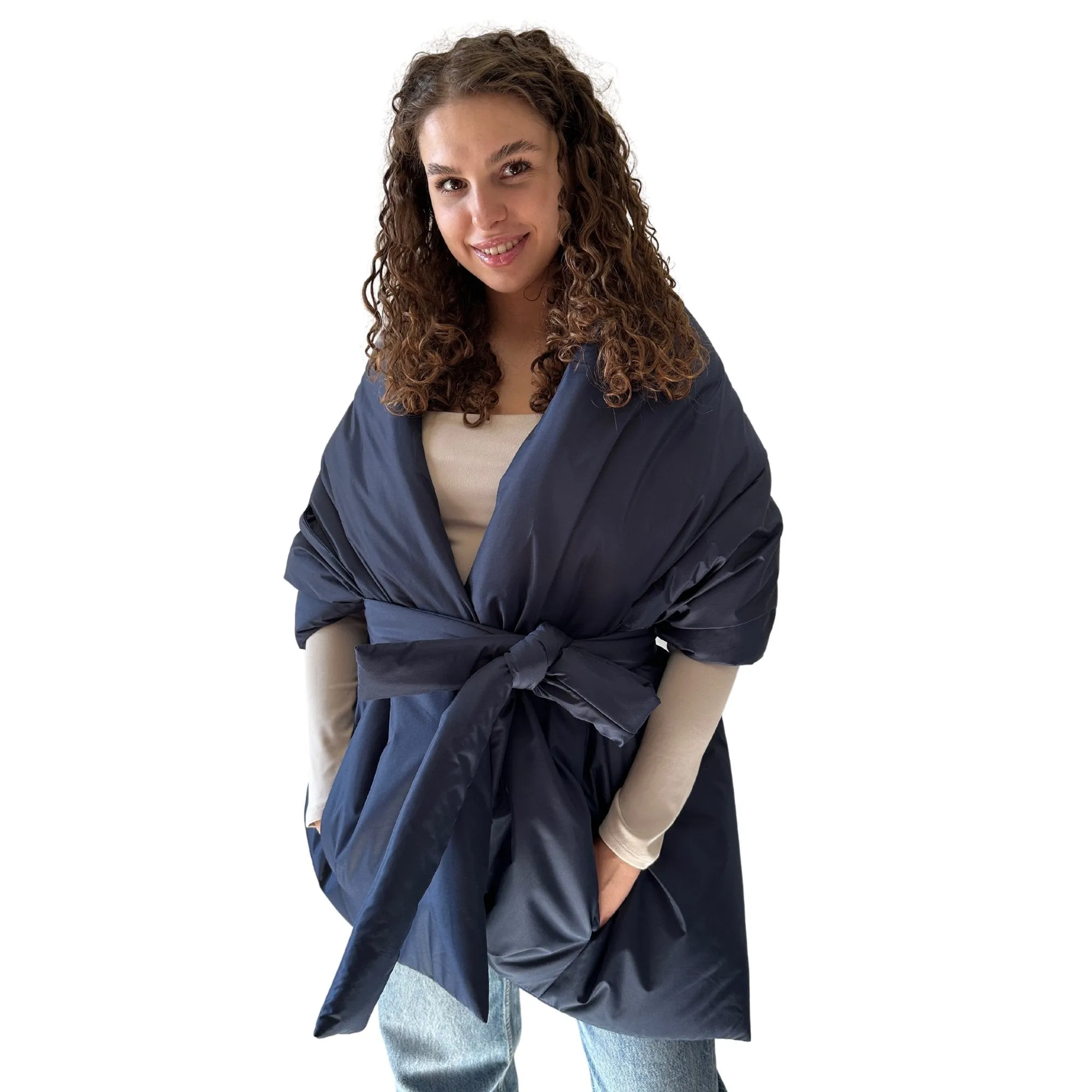 Navy Long Cape Lagre Wide Scarf Puffer 20x80 inch with 2 pocket and Belt