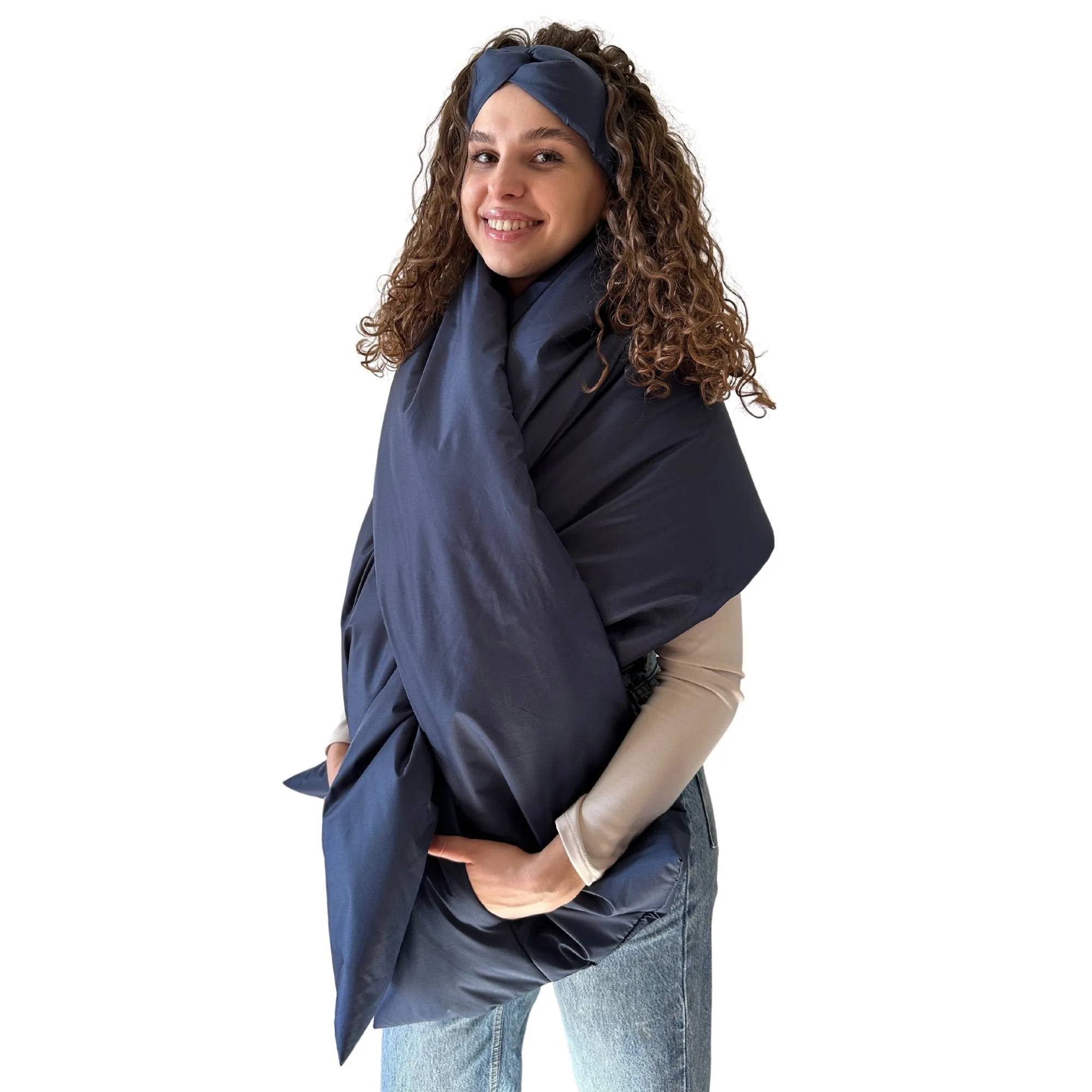 Navy Long Cape Lagre Wide Scarf Puffer 20x80 inch with 2 pocket and Belt
