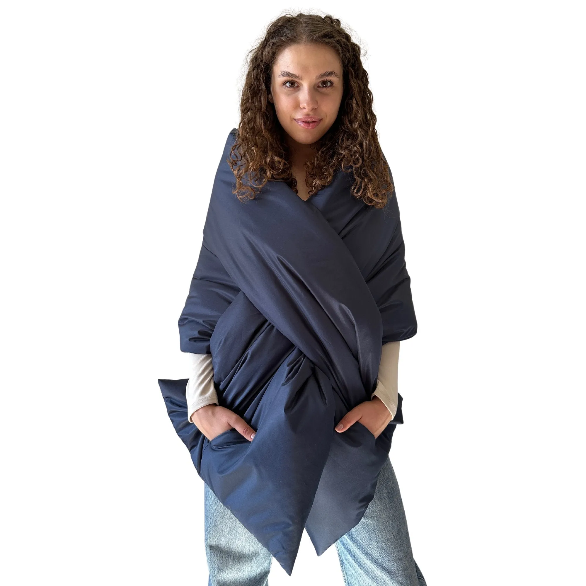 Navy Long Cape Lagre Wide Scarf Puffer 20x80 inch with 2 pocket and Belt