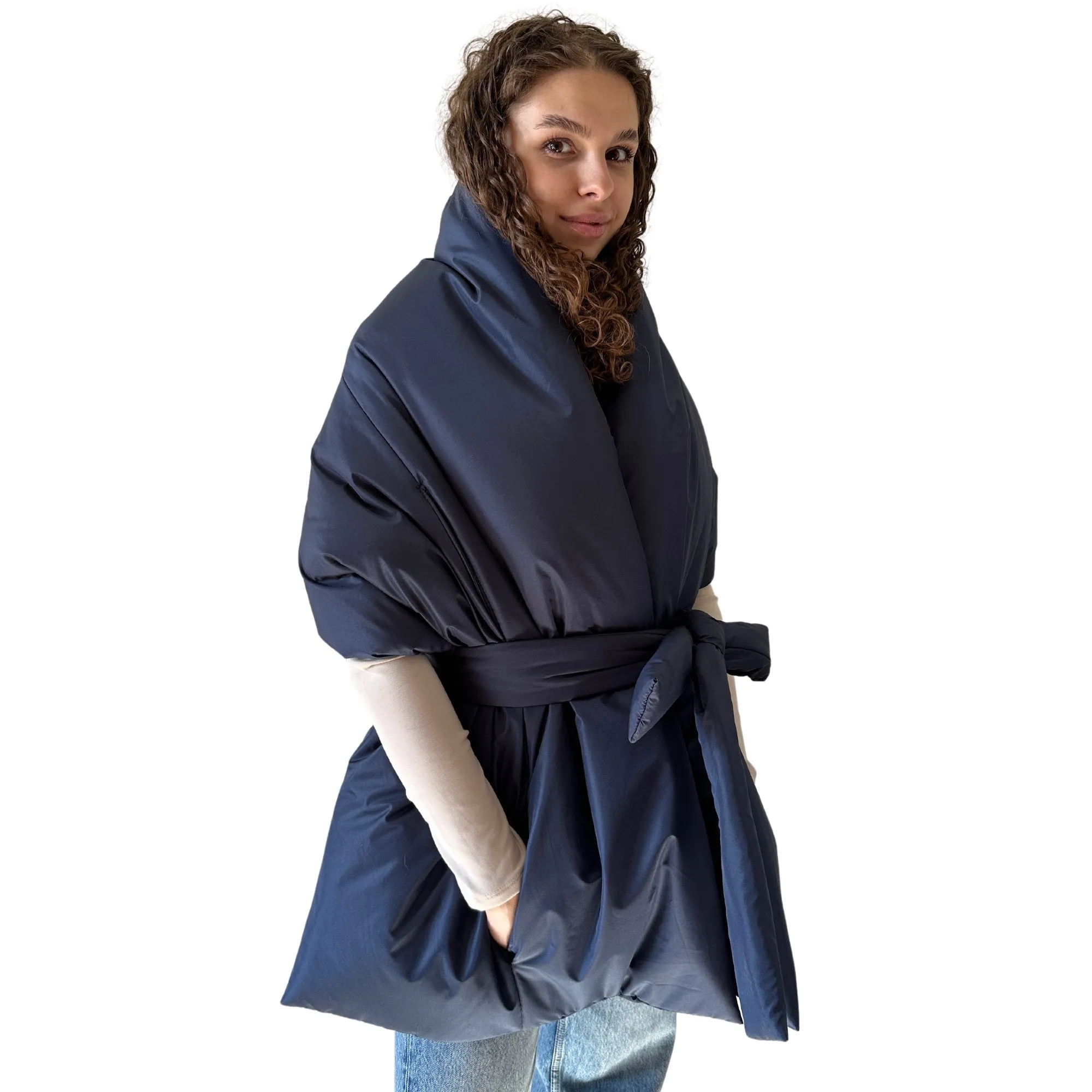 Navy Long Cape Lagre Wide Scarf Puffer 20x80 inch with 2 pocket and Belt