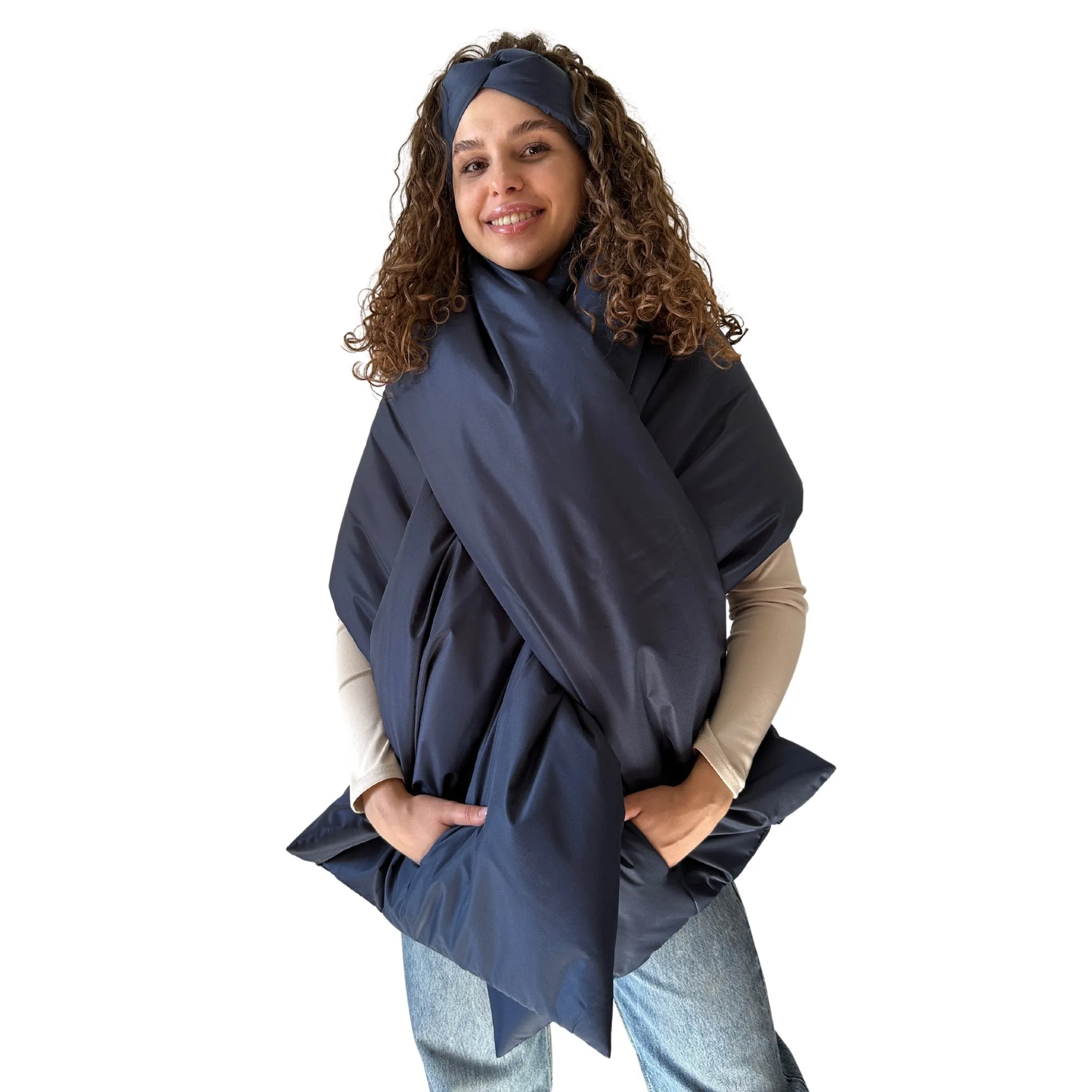 Navy Long Cape Lagre Wide Scarf Puffer 20x80 inch with 2 pocket and Belt