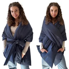 Navy Long Cape Lagre Wide Scarf Puffer 20x80 inch with 2 pocket and Belt
